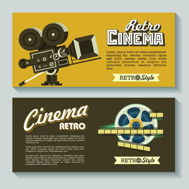 Set of vector banners, flyers. Retro cinema. Vintage movie camera and film reel, vector logos. - Vektör, Görsel