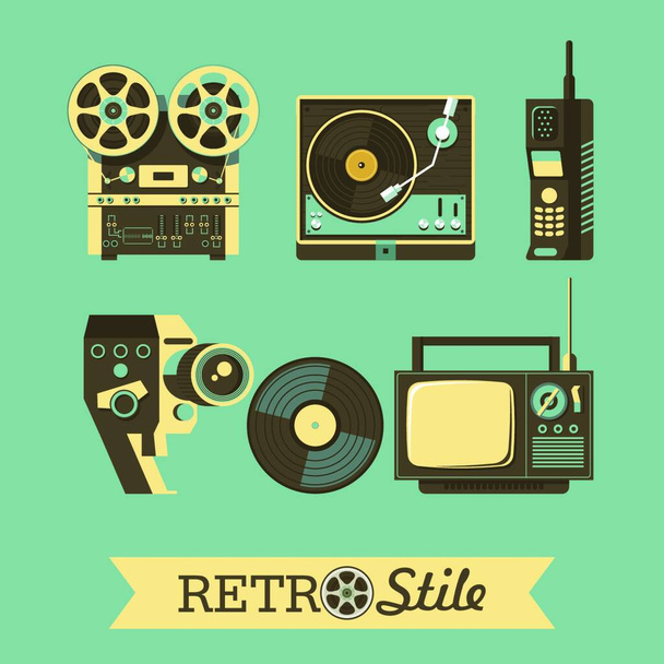 Retro appliances. A set of vector objects. Old TV reel tape recorder, cordless telephone, phonograph, vinyl record, old film camera. - Vektor, kép