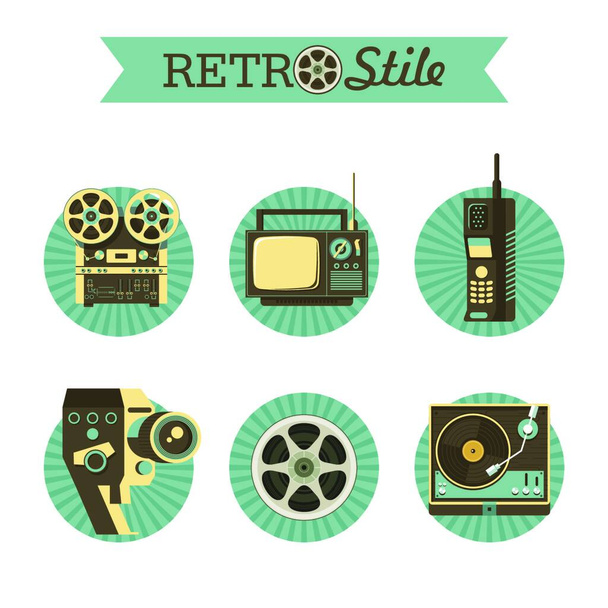 Reel to reel tape, retro TV, legacy wireless phones, film reel, vintage movie camera, gramophone. Set of vector icons, logos. - Vektori, kuva