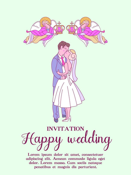 Happy weddings. Wedding card. Wedding invitation. Bride and groom. Two angels hold wedding crowns over the heads of the bride and groom. Cute vector illustration. - Vector, imagen