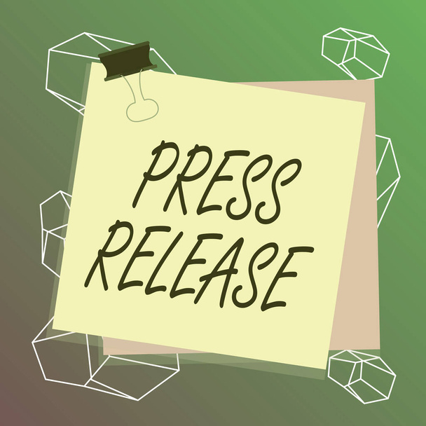 Word writing text Press Release. Business concept for statement from a demonstrating or group that is given to newspapers Paper stuck binder clip colorful background reminder memo office supply. - Foto, afbeelding