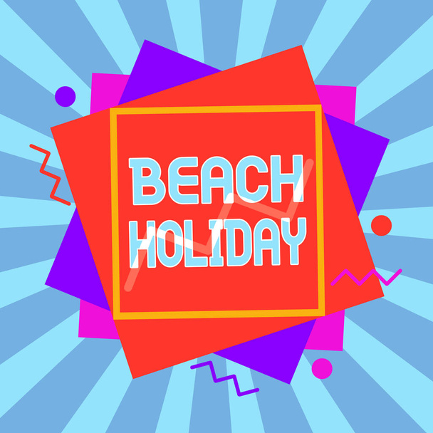 Writing note showing Beach Holiday. Business photo showcasing Vacations in which one basically just sunbathes in the beach Asymmetrical format pattern object outline multicolor design. - Foto, afbeelding