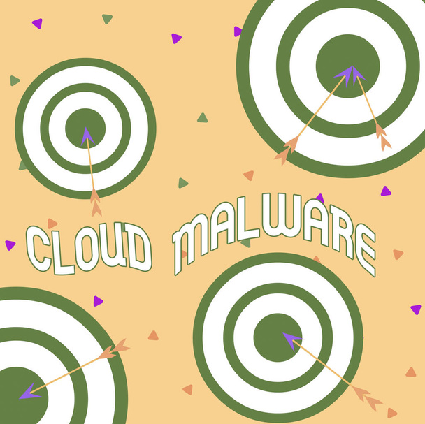 Conceptual hand writing showing Cloud Malware. Business photo showcasing malicious software file or program harmful to a computer Arrow and round target asymmetrical shape multicolour design. - Fotoğraf, Görsel