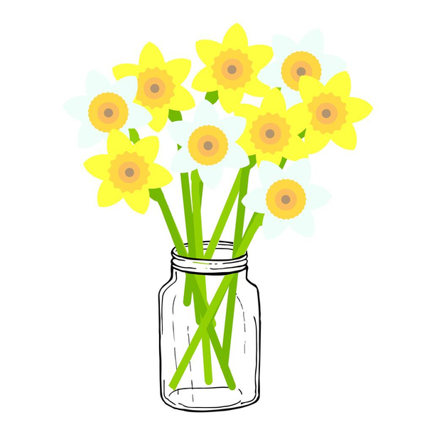  Rgbyellow a bílé narcisy ve sklenici. Art Spring Flowers design element iolated for web, for print - Vektor, obrázek