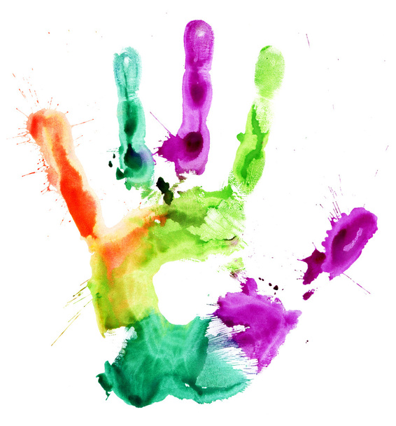 Закрыть цветной отпечаток руки на белом
 - Фото, изображение