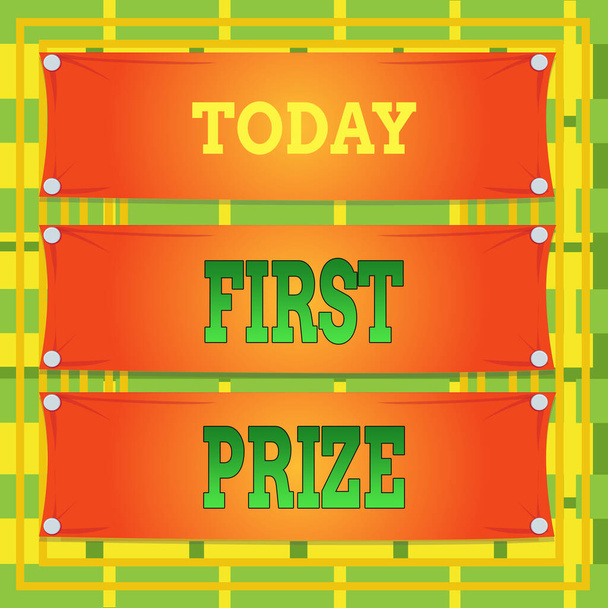 Text sign showing First Prize. Conceptual photo the most desirable or grand prize offered for the overall winner Wooden panel attached nail colorful background rectangle lumber plank wood. - Φωτογραφία, εικόνα