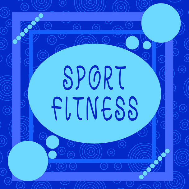 Conceptual hand writing showing Sport Fitness. Business photo showcasing Conditioning athletes for the unique Demands of their sports Asymmetrical format pattern object outline multicolor design. - Zdjęcie, obraz