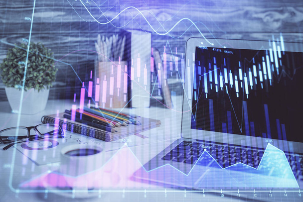 Stock market graph and table with computer background. Multi exposure. Concept of financial analysis. - Фото, зображення