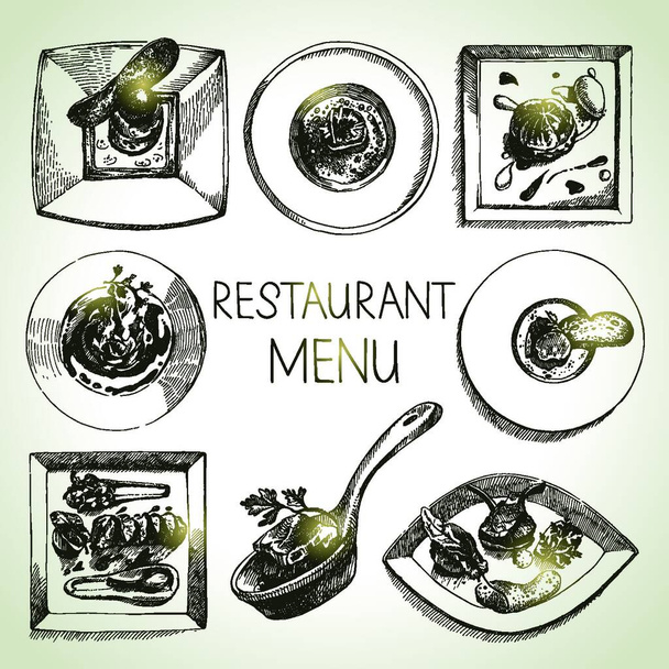 Bosquejo dibujado a mano restaurante conjunto de alimentos. Menú de cocina europea. Ilustración vectorial
 - Vector, Imagen