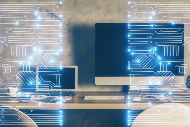 Ordinateur de bureau dans le bureau avec hologramme thème de la technologie. Exposition multiple. Concept technique. - Photo, image