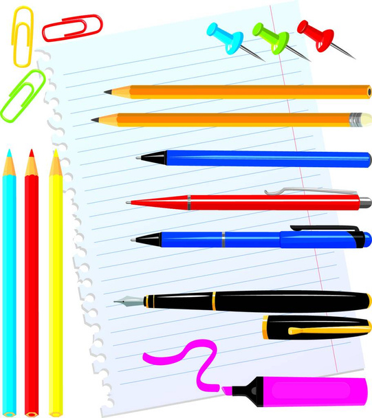 Set of office stationery - pens, color pencils, marker, paper clips, thumbtacks - Vector, afbeelding