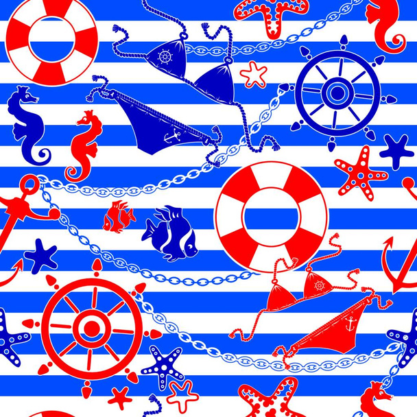 Seamless nautical pattern on striped background - Vector, Image