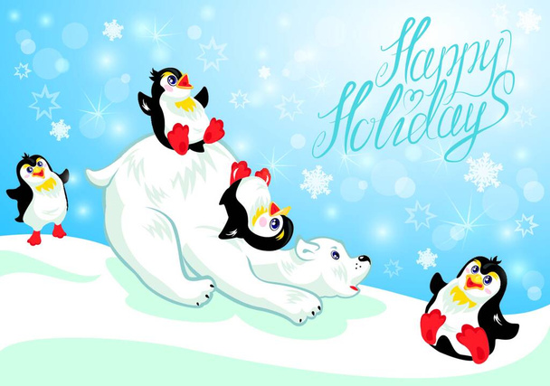 Card with funny penguins and polar bear on blue snow background, cartoons for winter, Christmas or New Year design. Hand written text Happy Holidays. - Διάνυσμα, εικόνα