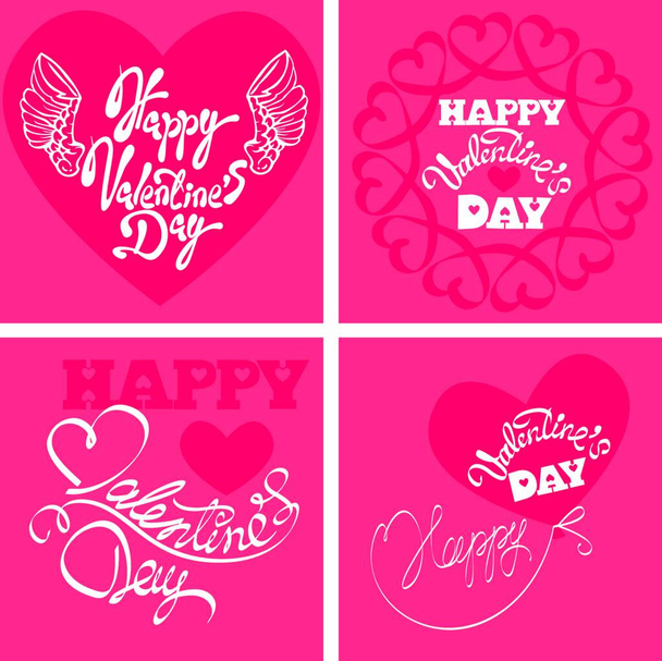 Set of 4 Holiday cards - heart and calligraphic text Happy Valentine`s Day  on pink background. - Vector, Image