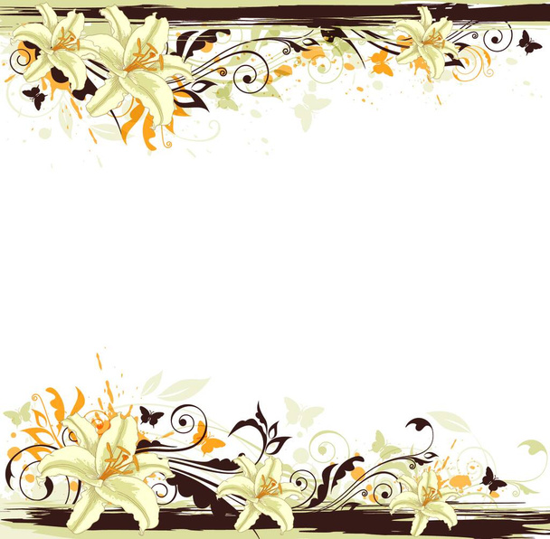 Decorative vector background with white lily and butterflies - Vector, Imagen