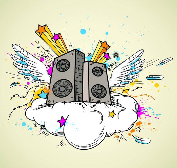 Abstract vector music background with speakers and wings - Vetor, Imagem