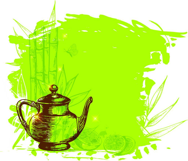 Green background with bamboo branch, lemon and teapot - Διάνυσμα, εικόνα