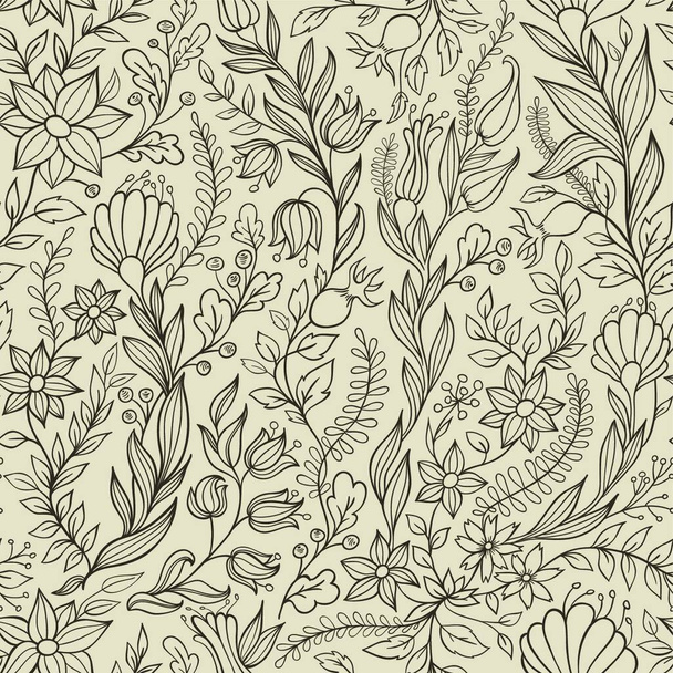 Vector seamless pattern with leaves and flowers - Вектор,изображение