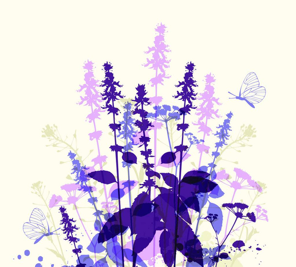 Abstract floral background with violet flowers and butterfly - Vettoriali, immagini