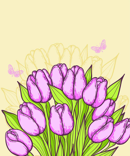 Decorative vector background with pink tulips and butterflies - Vector, Imagen