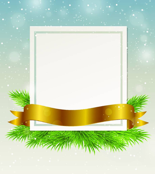 Decorative frame with golden ribbon and green fir branch. Christmas background. - Vetor, Imagem
