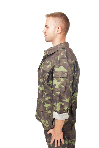 side view of army soldier standing in attention - Fotoğraf, Görsel