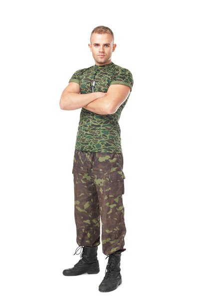 Full length portrait of serious army soldier with his arms cross - Foto, Imagen