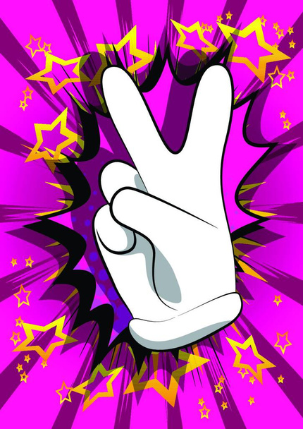 Vector cartoon hand showing the V sign. Illustrated hand sign on comic book background. - Vector, afbeelding