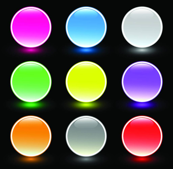 Set of beautiful glass buttons on black background - Vector, Imagen