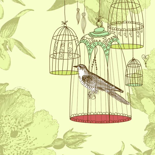 vintage card with a bird in the cage - Вектор, зображення