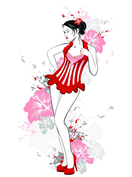 beautiful girl in red dress with flowers and splashes of paint - Vector, Image