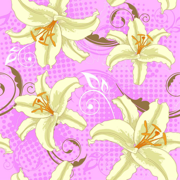 Vector pink seamless pattern with white  lily - Vecteur, image