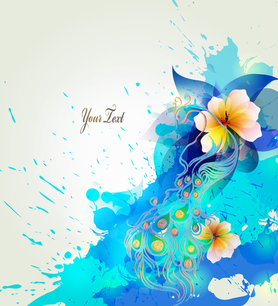 Blue illustration with floral design elements ,blots and peacock - Vetor, Imagem