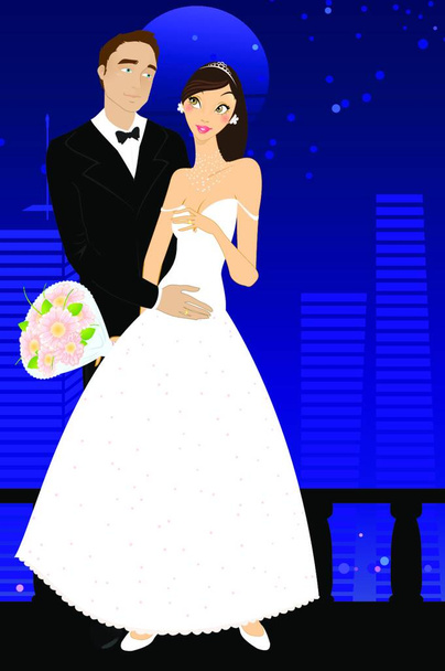 Vector illustration of cool sexy bride and groom on the urban romantic background - Vector, Imagen