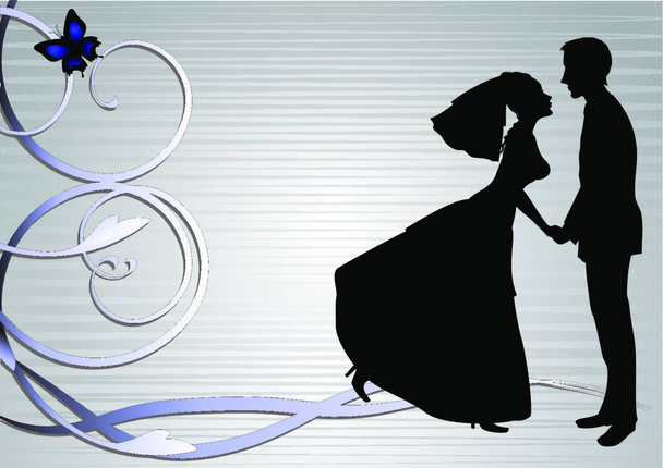 Vector illustration of funky bride and groom on the swirl background. Ideal for wedding invitation. - Vector, afbeelding