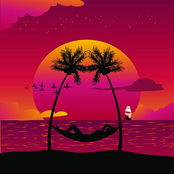 Vector illustration of a girl lying down in a hammock in a paradise island. - Vector, imagen