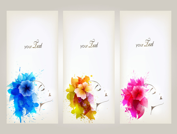 Vertical Set of Beautiful fashion women with abstract colorful flowers and blots. - Vektör, Görsel