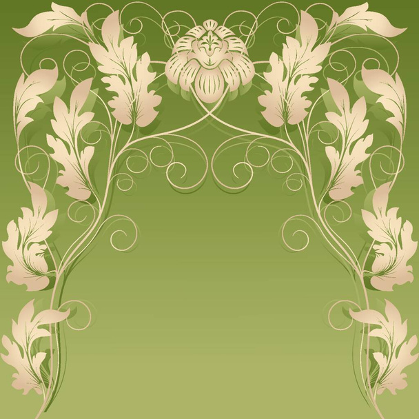 The image of  gold abstract flower and leaves on a green background - Вектор,изображение