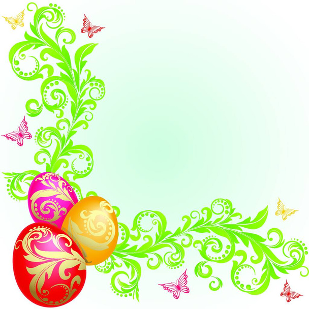 Easter background with eggs decorated with golden ornaments and green plants - Vektor, kép