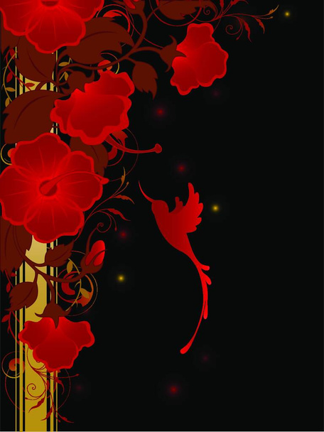 floral background with red flowers and humming-bird on a black background - Vektor, kép