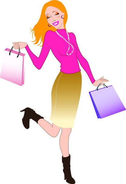 Vector illustration of beautiful woman during the shopping and holding the bags. - Wektor, obraz