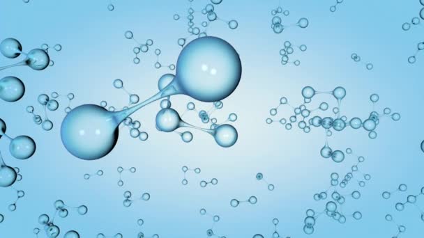 Cámara viajando a través de un grupo de moléculas formadas por esferas de vidrio transparente girando lentamente sobre un fondo azul. Animación 3D
 - Imágenes, Vídeo