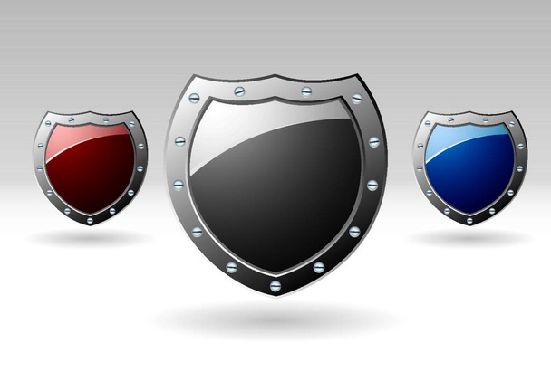 Collection of three metal shields with colored centers for text - Vector, Imagen