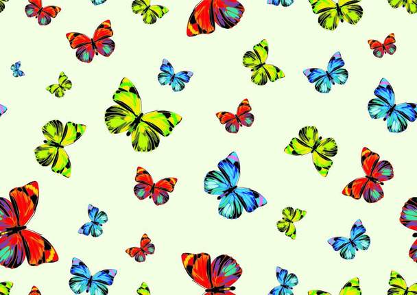 Vector illustration of many funky butterflies of different colors flying around. Seamless Pattern. - Vetor, Imagem