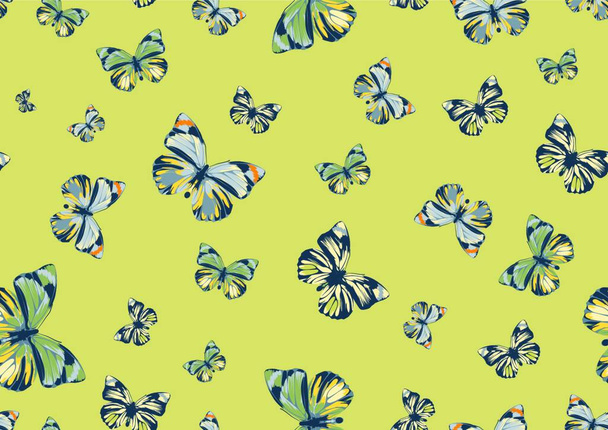 Vector illustration of many funky butterflies of different colors flying around. Seamless Pattern. - Вектор,изображение