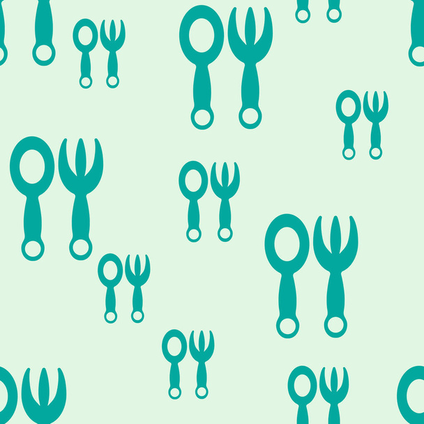 Child seamless background with green fork and spoon on light background. Plastic Cutlery for the baby. Children's dining room , cafe. Flat vector illustration. - Vector, Image