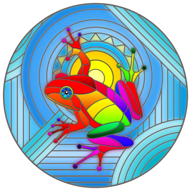 Ilustrace ve stylu barevného skla s abstraktní duhovou žábou na geometricky modrém pozadí se sluncem, kulatý obraz - Vektor, obrázek