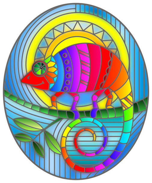 Illustration en style vitrail avec caméléon arc-en-ciel géométrique abstrait, image ovale
 - Vecteur, image