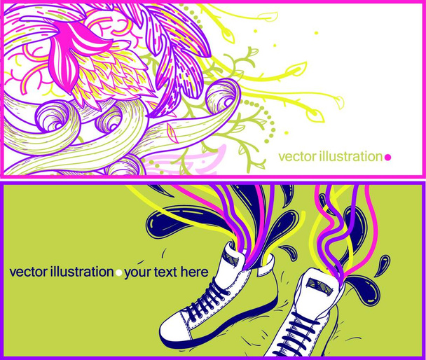 vector set of two hand drawn cards with fantasy colorful plants and trendy sneakers with bright waves - Vettoriali, immagini