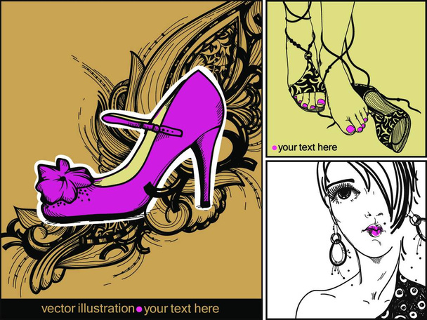 vector set of fashion cards with a pink shoe, pretty feet with bright pedicure and a young girl - Vecteur, image